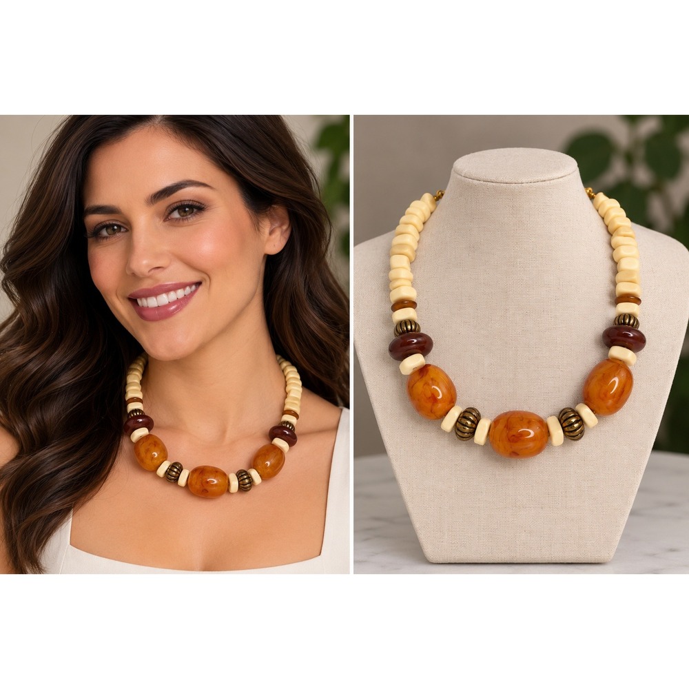 Vintage 80s Carol Dauplaise Chunky Bead Necklace Cream Amber Statement Piece